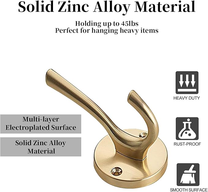 4 Packs Gold Coat Hooks, Silver Robe Hook, Decorative Towel Hooks, Heavy Duty Double Prong Wall Hooks, Metal Closet Hooks, Hat Hooks for Hanging for Bathroom, Kitchen and Office
