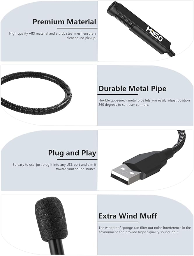 MillSO USB Microphone for Laptop Gooseneck Portable Mini USB Computer Microphone Plug&Play Omnidirectional External PC Microphone for YouTube, Streaming, Podcasting, Recording, Gaming - 1 FT