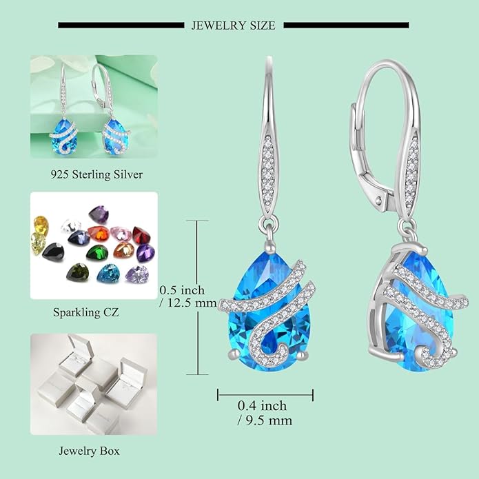 STARCHENIE 925 Sterling Silver Aquamarine Necklace Earrings for Women Pear Cut Birthstone Pendant Jewelry Set March Gift