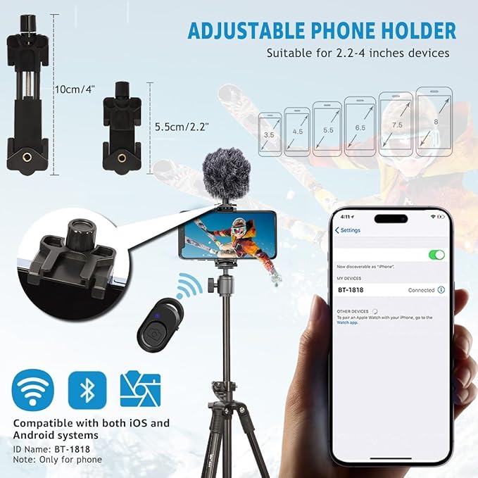 Phone Tripod, Arsoer 67" Adjustable Height Tripod with Horizontal Column and Removable Clip Mount for Overhead Shot, 360° Rotation Stand with Wireless Remote/Carry Bag for iPhone/Webcam