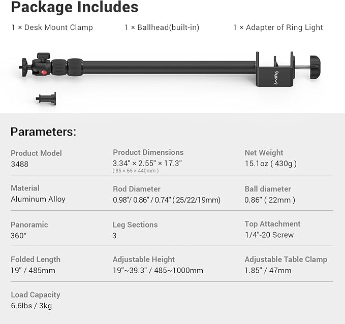 SmallRig Camera Desk Mount Table Stand, Adjustable Light Stand 15"-35", Tabletop C Clamp for DSLR Camera, Ring Light, Live Streaming, Photo Video Shooting