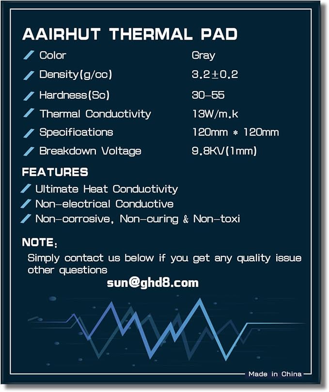 Aairhut Thermal Pad 13W/mK, 120x120x3mm Silicone Cooling Pad GPU Non Conductive Heat Resistance Extreme Odyssey Cover with Dual Self-Adhesive Films for PC Laptop Heatsink/GPU/CPU/LED