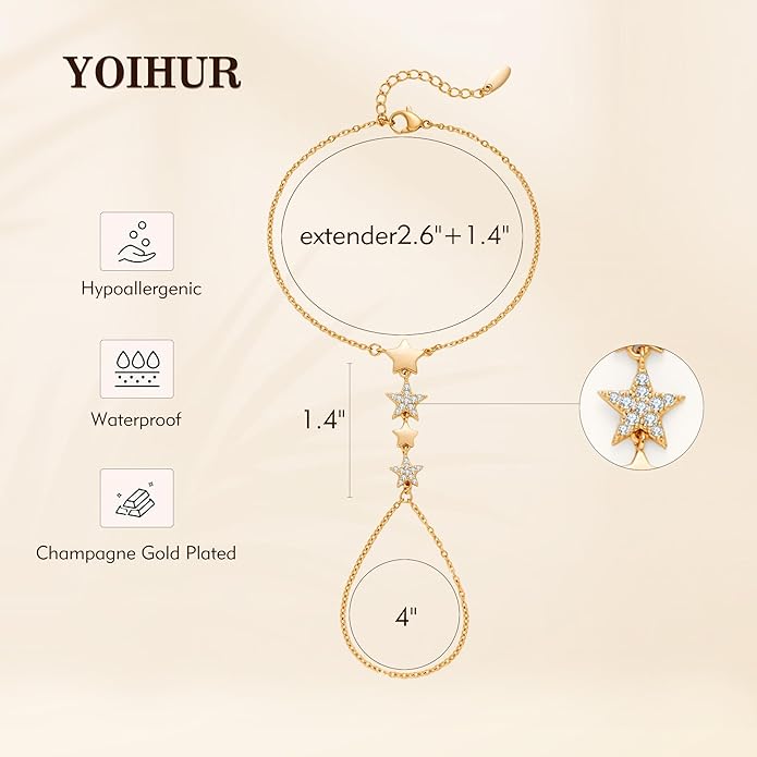 YOIHUR Champagne Gold Plated Hand Chains for Women, Adjustable Hand Chain Bracelet and Ring, Gold Hand Chain Bracelets Stack Jewellery Stars and Cubic Zirconia Hand Jewelry for Valentine's Day