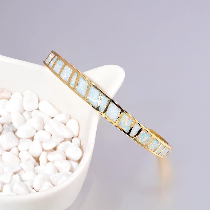 CiNily Womens Cuff Bracelet,Opal Bangle Bracelets Gold Plated Hypoallergenic Ladies Gemstone Open Cuff Bangle Bracelet