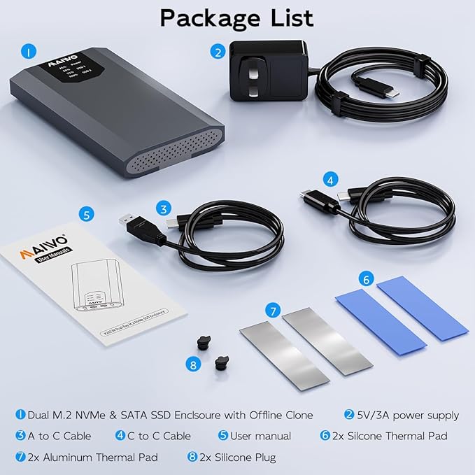 MAIWO Dual-Bay M.2 SSD Enclosure Cloner for NVMe & SATA, USB3.2 GEN2X2 10Gbps M.2 Offline Duplicator Supports SATA to NVMe and NVMe to SATA, Dual M.2 Enclosure for SSDs Sizes 2230/2242/2260/2280
