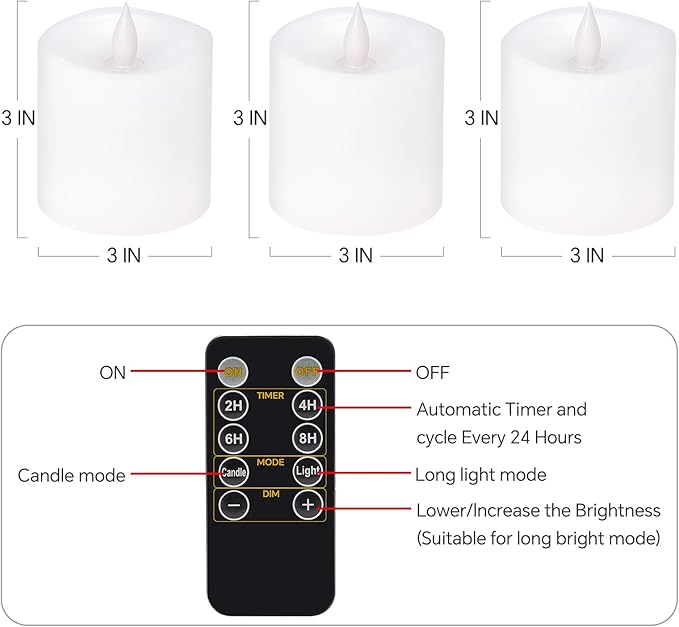 3x3 Flameless Candles Set of 3, LED Battery Candles Flickering, 3 inch Flameless Candles with Remote,Battery Powered Candles,for Wedding Holiday Decorations,White