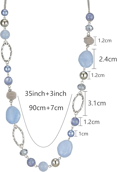 BULINLIN Beaded Long Necklace for Women Silver Sweater Chain Necklace with Crystal Resin Beads, Fashion Jewelry Necklace