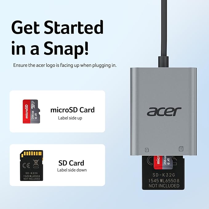 Acer SD Card Reader USB C, Dual Slots Type C to Memory Card Reader, Aluminum Micro SD Card Camera Adapter for MicroSD, SDHC, SDXC, Compatible with iPhone16/15, MacBook, iPad Pro, Android, Laptop