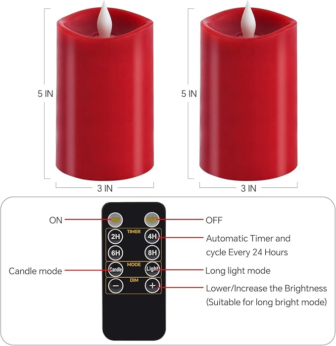 2PCS, 3 x 5 inches Flameless Candle with Remote Control, 3D Flickering Wick, Real Wax Pillar LED Candles, Battery Operated Candles,with Timer,for Holiday Home Decor, Red