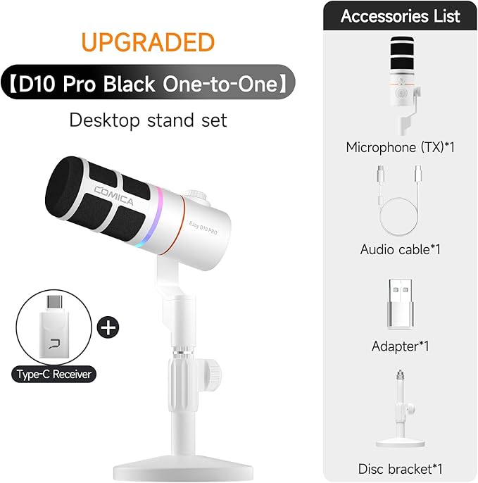 EJoy D10 PRO(D) Wireless USB Gaming Microphone – RGB Dynamic Mic with Wired/Wireless Modes, XLR/USB-C, Real-Time Monitoring, 45H Battery, Studio Mic for Gaming, Streaming, Podcast, Recording (White)