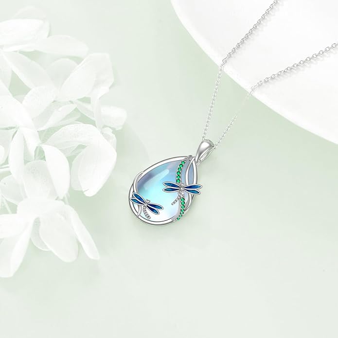 KQF Dragonfly/Butterlfy/Cat/Jellyfish/Bunny/Axolotl/Bee/Mermaid/Hummingbird/Elephant Necklace for Women Sterling Silver Moonstone Pendant Necklace Dragonfly Jewelry Gifts for Women