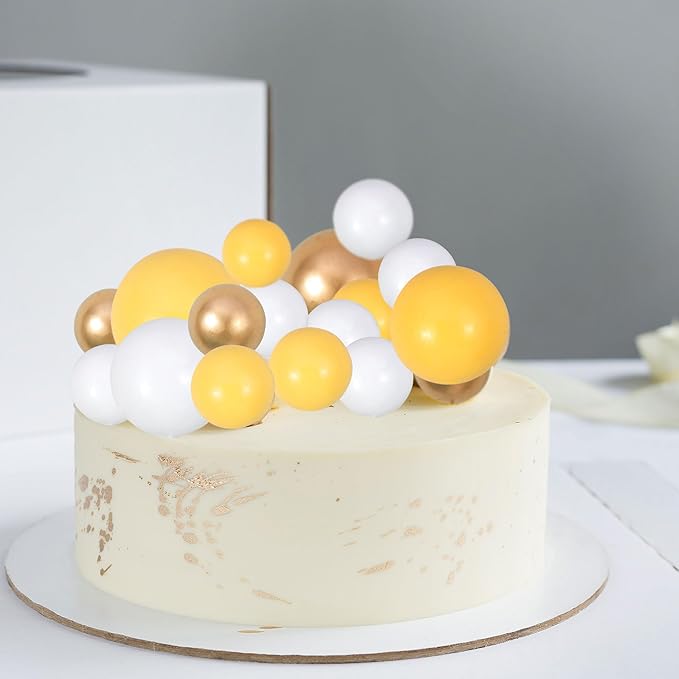 Gyufise 30Pcs Balls Cake Topper Mini Balloons Cupcake Topper DIY Cake Insert Topper Foam Cake Balls Baking Decoration for Wedding Anniversary Valentines Day Birthday Party Yellow Gold White