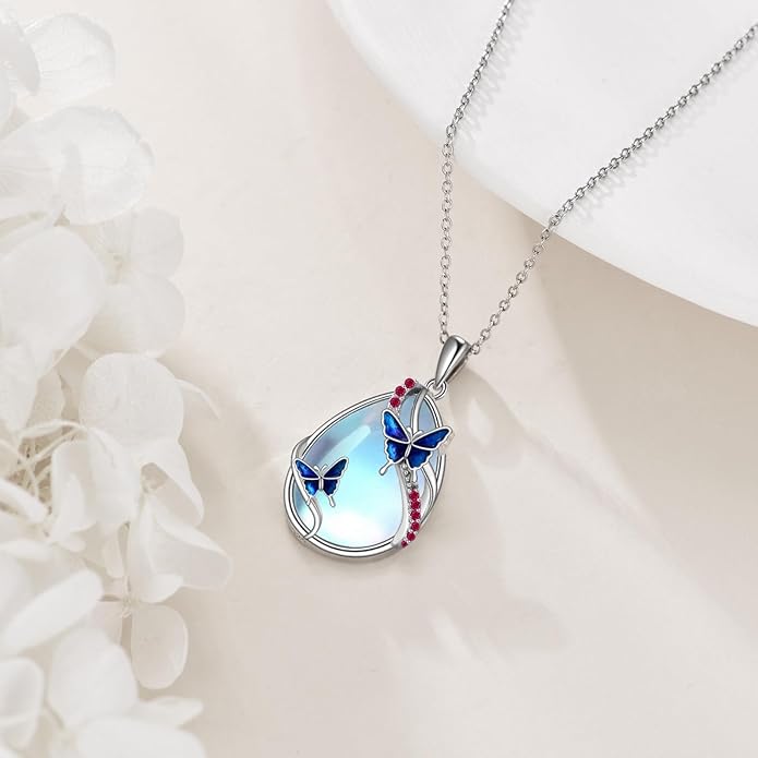 KQF Dragonfly/Butterlfy/Cat/Jellyfish/Bunny/Axolotl/Bee/Mermaid/Hummingbird/Elephant Necklace for Women Sterling Silver Moonstone Pendant Necklace Dragonfly Jewelry Gifts for Women