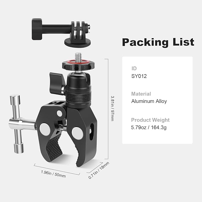 Super Clamp Camera Mount with 360° Mini Ball Head, Aluminum Desk Tube Crab Clamp for Monitor/Light/Mic, Bike/Motorcycle Handlebar Mount for Go Pro/Insta360/DJI Action Camera (SY012)
