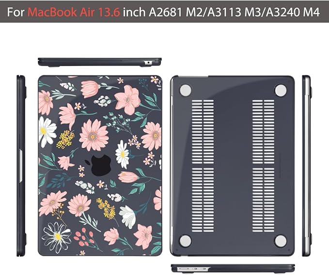 Teryeefi for MacBook Air M4 M3 M2 13 inch Case fits Model A3240 A3113 A2681, Hard Shell for MacBook Air 13.6" 2022-2025 Released with Keyboard Cover+Screen Protector+Type C Adapter, Petal and Flowers