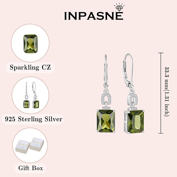Emerald Cut Earrings 925 Sterling Silver Baguette Birthstone Dangle Drop Leverback Earrings Jewelry Gifts for Women
