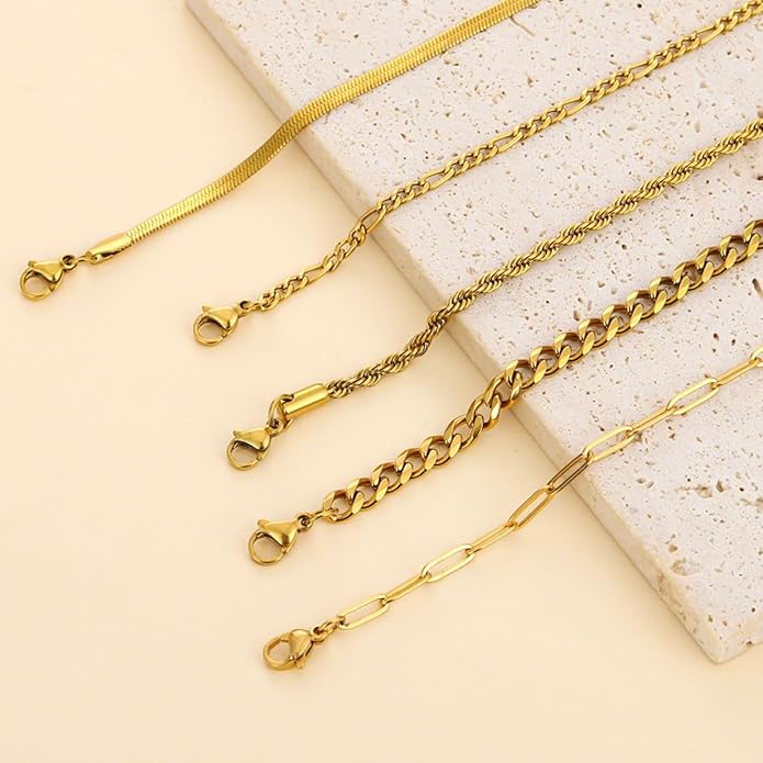 18K Gold Plated Bracelet Sets for Women Waterproof - Trendy Thin Dainty Stackable Cuban Link Paperclip Snake Twisted Chain Fashion Jewelry Accessories Gifts for Women