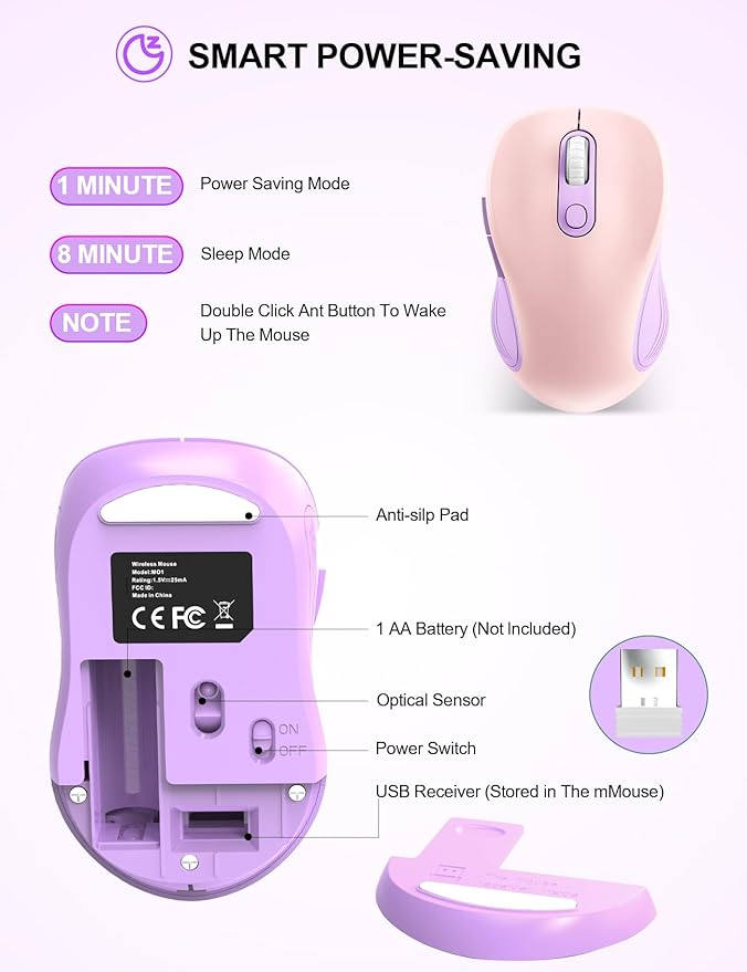 Trueque Wireless Mouse for Laptop, 2.4GHz Ergonomic Computer Mouse with Back & Forward Buttons, 3-Level DPI, 6 Buttons, Optical USB Cordless Mice for Windows Chromebook MacBook PC (Pink Purple)