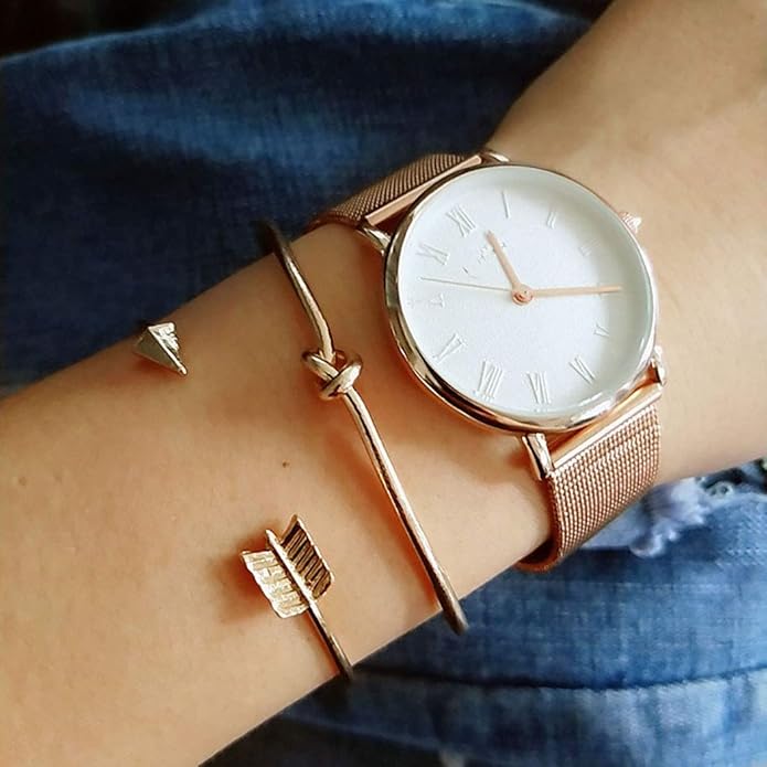 Starain 4Pcs Rose Gold Bracelets for Women Simple Leaf Arrow Feather Knot Heart Bangle Bracelet Adjustable Cuff Bracelet Set