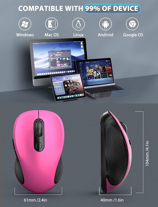 Trueque Wireless Mouse for Laptop, 2.4GHz Ergonomic Computer Mouse with Back & Forward Buttons, 3 Adjustable DPI Levels, 6 Buttons, Optical USB Cordless Mice for Windows MacBook PC (Fuchsia)