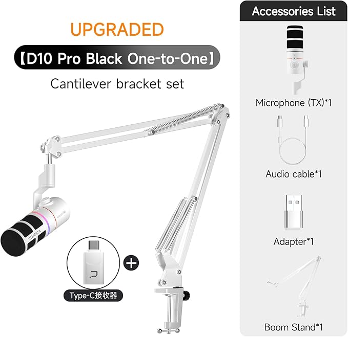EJoy D10 PRO(A) USB Wireless Gaming Microphone – Boom Arm Mic with Wired/Wireless Modes, XLR/USB-C, Real-Time Monitoring, 45H Battery, RGB Dynamic Mic for Gaming, Streaming, Podcast, Recording (White)