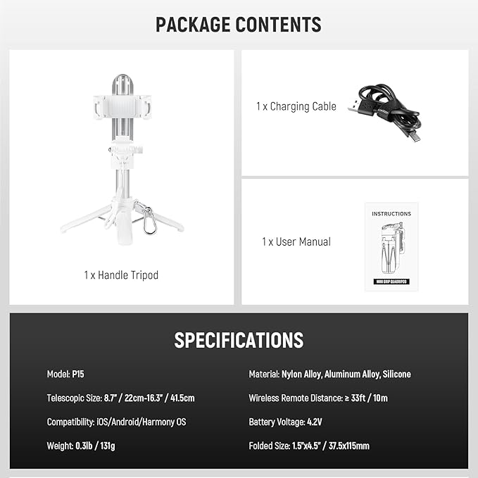 NEEWER Selfie Stick with Detachable Bluetooth Remote Shutter, Lightweight Foldable Travel Tripod for iPhone for YouTube/TikTok Vlogs Live Streaming Photography, White, P15