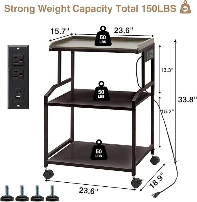 Lauren&Harold 34'' Printer Stand with Power Outlets & USB Ports, 3-Tier Adjustable Rolling Cart, Heavy Duty 150LBS Storage Table with Wheels for Office, Kitchen, Living Room, Bronze