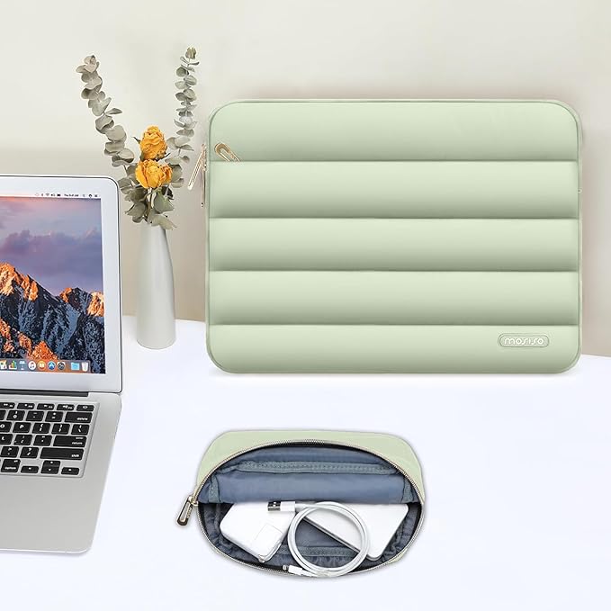 MOSISO 13.3 inch Laptop Case, 13-13.3 inch Puffy Laptop Sleeve Compatible with MacBook Air 13 13.6 M4 M3 M2 M1/Pro 13/Pro 14, HP Dell ASUS Lenovo,Polyester Horizontal Bag with Small Case, Sage Green