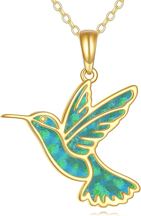 GEHN Hummingbird Necklace 14K Solid Gold Opal Hummingbird Pendant Necklace Hummingbird Jewelry Bird Gifts for Women Lover