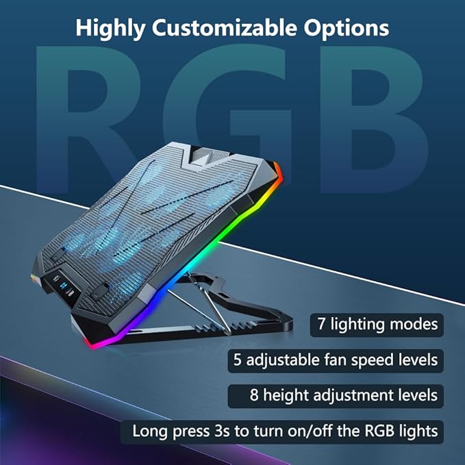 G-STORY Gaming Laptop Cooling Pad, RGB Lights Laptop Cooler with 10 Powerful Turbo Fans for 12-18 Inch Notebooks,8 Height Adjustable Stand and 1 USB Port