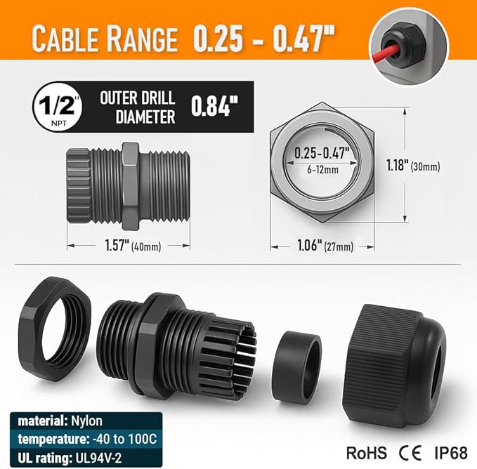 MGI SpeedWare 1/2" NPT Strain Relief Nylon Cord Grip Cable Glands, Black Plastic Grommet 5-Pack