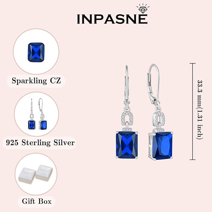 Emerald Cut Earrings 925 Sterling Silver Baguette Birthstone Dangle Drop Leverback Earrings Jewelry Gifts for Women