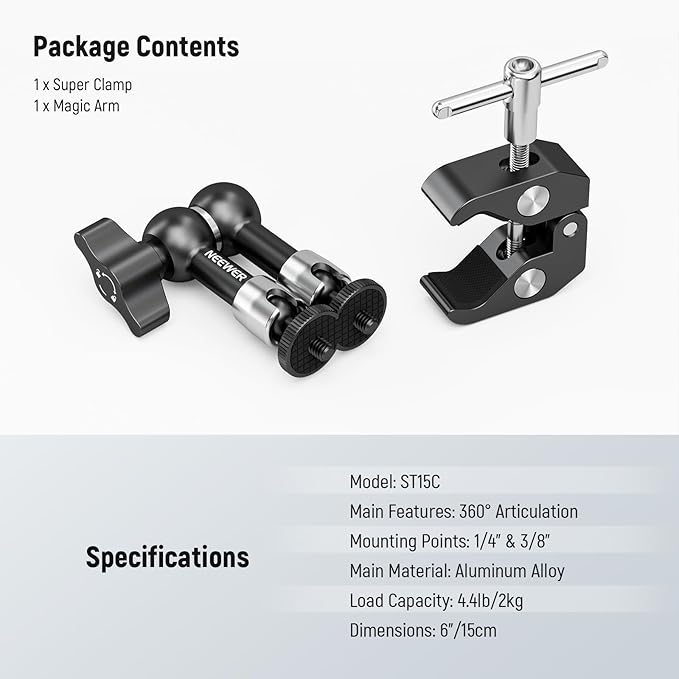 NEEWER 6"/15cm Adjustable Magic Arm with Super Clamp, 1/4" & 3/8" Threads, 1/4" Screws for Flash/LED Light/Microphone/Monitor, Compatible with SmallRig Camera Cage, Max Load: 4.4lb/2kg, ST15C