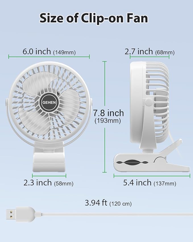 GEHEN Small Clip on Fan, 3-Speed Fan with Strong Airflow, USB-Powered Clip & Desk Fan with Sturdy Clamp, Ultra Quiet for Office Dorm Bedroom Stroller