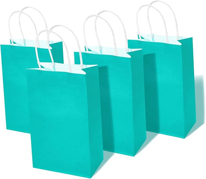 DjinnGlory 100 Pack Small Size Teal Blue Paper Gift Bags with Handles Bulk 9x5.5x3.15 Inch for Holiday Birthday Wedding Baby Shower Party Favors, Business Merchandise Shopping Bags