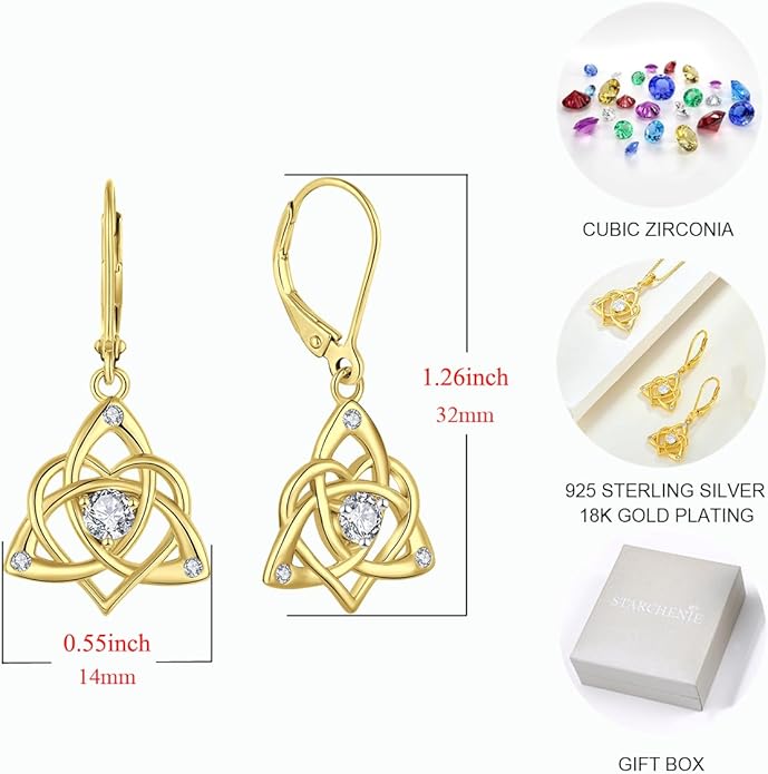 Starchenie Celtic Knot Dangle Earrings Sterling Silver Trinity Love Knot Leverback Earrings Gemstones Jewelry for Women