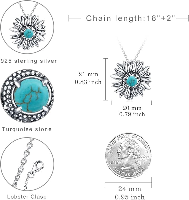 Sunflower Turquoise Necklace 925 Sterling Silver Genuine Turquoises Sunflower Necklace Western Nature Gemstone Turquoise Jewelry Gifts for Women