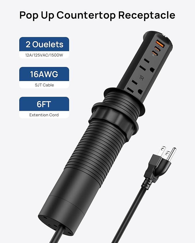 2 Inch Pop Up Outlet for Countertop,Power Grommet 2-inch Desk Wire Hole Insert,20W USB C,2 Outlets,2 USB C/1 USB A,Recessed Outlet,Desk Charging Station (Black, 6 FT Cable)