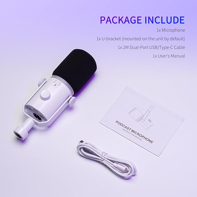 FEELWORLD PM1 XLR USB Dynamic Microphone Gifts for Podcast Recording PC Computer Gaming Live Streaming Vocal Voice-Over, Studio Metal Mic with RGB Light, Mute Button, Headphones Jack (White)