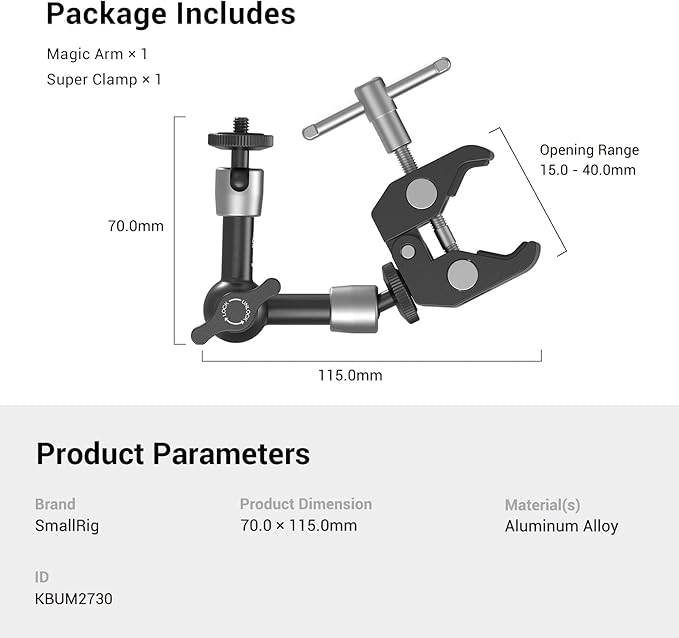 SMALLRIG Super Clamp w/ 1/4" and 3/8" Thread and 5.8 Inches Adjustable Friction Power Articulating Magic Arm with 1/4" Thread Screw for LCD Monitor/LED Lights - KBUM2730