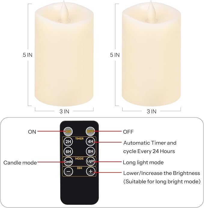 2PCS, 3 x 5 inches Flameless Candle with Remote Control, 3D Flickering Wick, Real Wax,with Timer,Battery Operated Candles,for Holiday Home Decor,Ivory