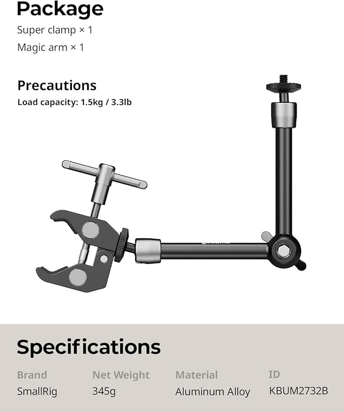 SMALLRIG Clamp w/ 1/4" and 3/8" Thread and 9.8 Inches Adjustable Friction Power Articulating Magic Arm with 1/4" Thread Screw for LCD Monitor/LED Lights - KBUM2732B