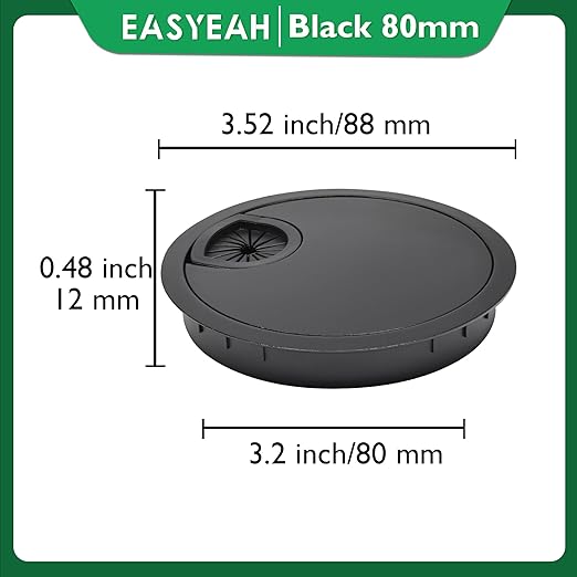 2 Pcs Desk Grommet 3-1/8" / 80 mm, Desk Cord Hole Cover, Cable Grommet Metal Zinc Alloy Materilal, Desk Hole Grommet for Home & Office Pc, Detachable Cable Cord Organizer-Flat Black
