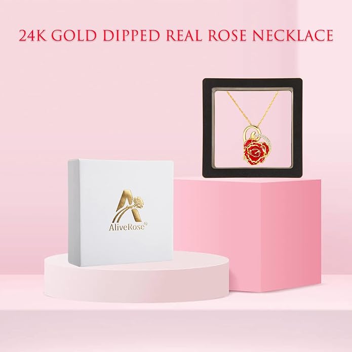 AliveRose Real Rose Gold Dipped Necklace Gifts for Women, 24K Gold Dipped Rose Pendant Necklace Jewelry Mothers Day Anniversaries Birthday Christmas Special Occasions Gifts for Her Mom Wife