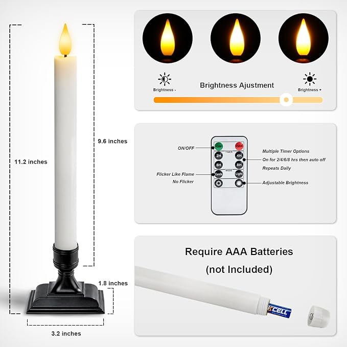 Homemory Real Wax Window Candles with Remote Timer Dimmer, Flameless Taper Candles with Holders, Christmas Candle for Window Battery Operated, LED Candlesticks for Home Holiday Decor, 6 Pcs White