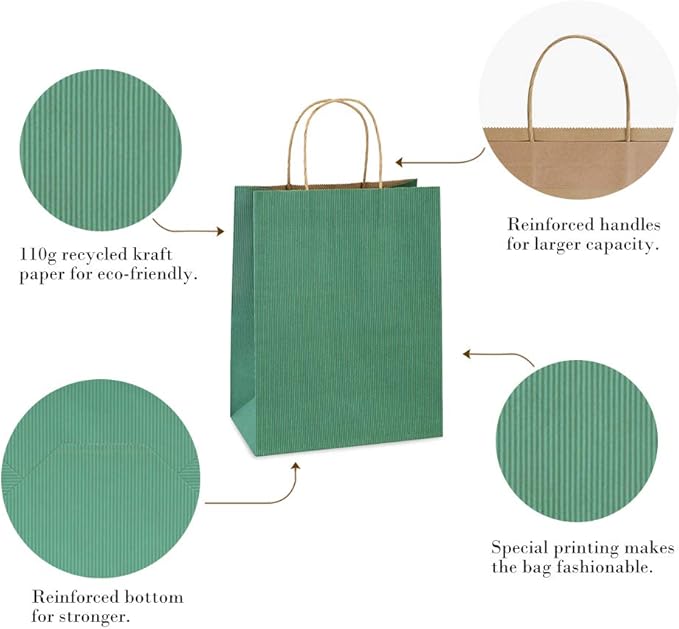 BagDream 25Pcs Gift Bags 8x4.25x10.5 Kraft Paper for Gifts, Shopping Retail Merchandise Grocery Sacks, Green Stripes Paper Bags with Handles Bulk Medium