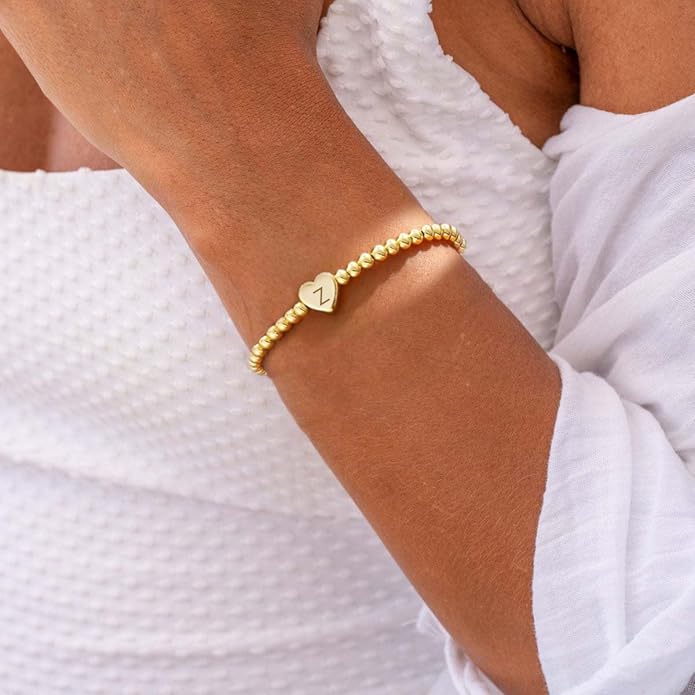 Valentines Day Gifts for Women Her - Dainty Beaded Heart Initial Bracelets Letter A-Z Charm Stretch Bead Ball Bracelet Trendy Jewelry Gifts
