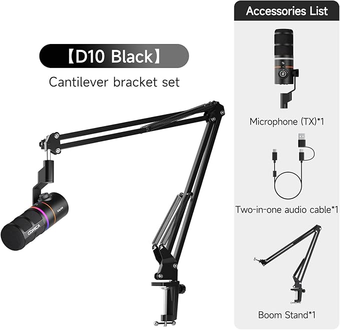 COMICA EJoy D10(A) USB Gaming Microphone – Boom Arm Mic with Noise Cancellation, XLR/USB-C, Real-Time Monitoring, Muting, RGB Professional Studio Mic for Gaming, Streaming, Podcast, Recording (Black)