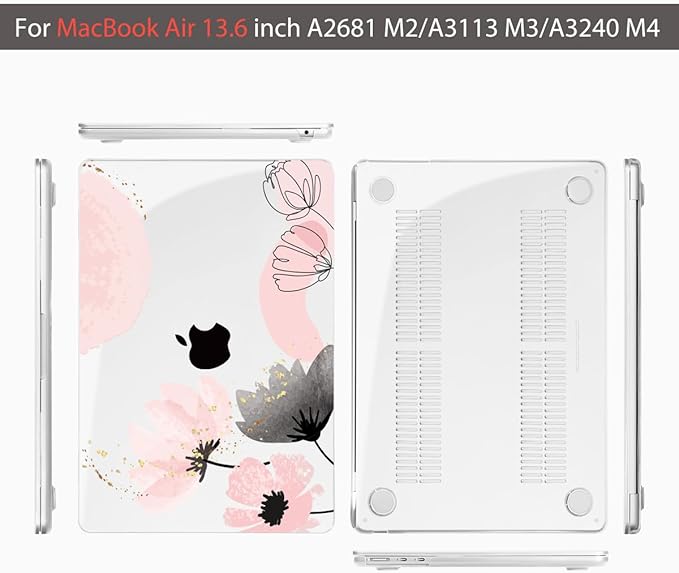 Teryeefi Compatible with MacBook Air 13 inch Case 2025 2024 2023 2022 M4 A3240/M3 M2 A3113/A2681,Hard Shell Case for MacBook Air 13.6 inch + Keyboard Cover + Type C Adapter, Abstract Pink Flowers-098