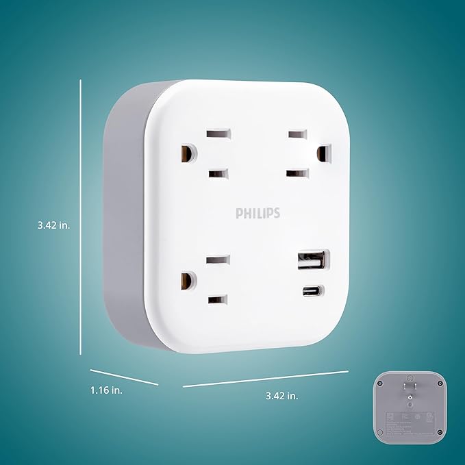 Philips EZFit 3-Outlet Surge Outlet Extender with USB, 1 USB-A, 1 Type-C, Adapter Spaced, Charging Station, 12W, 980 Joules, 2 Pack, White - SPP3605W/37